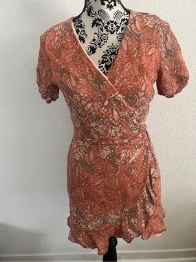 Sage The Label Floral Wrap Mini Dress L Coral Puff Sleeve Ruffle Boho